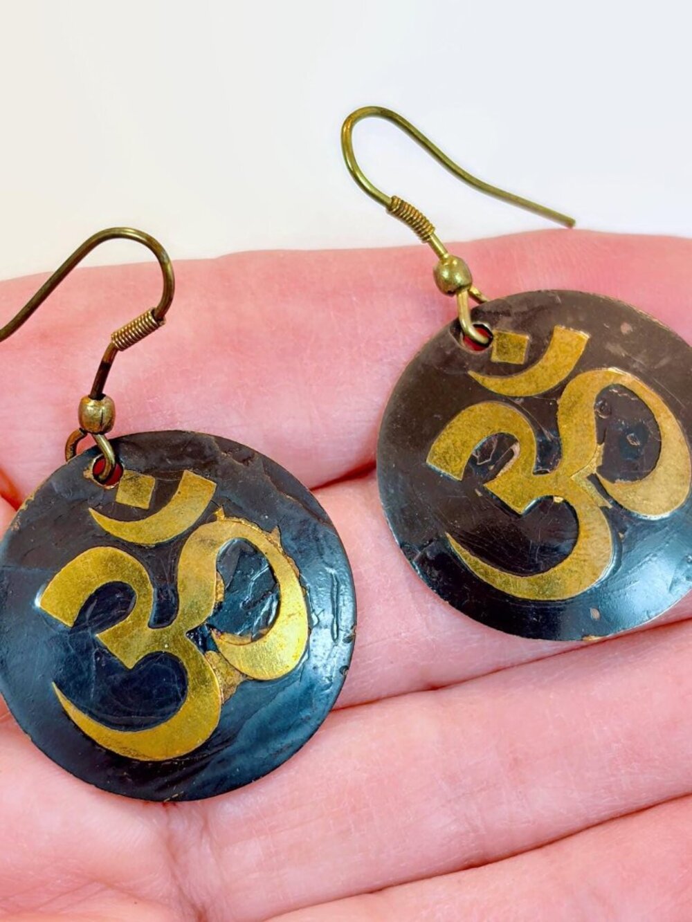 Vintage Earrings, Ohm Symbol, Artisan Made, Bronze, Patina, 90s, Pierced, Dangle